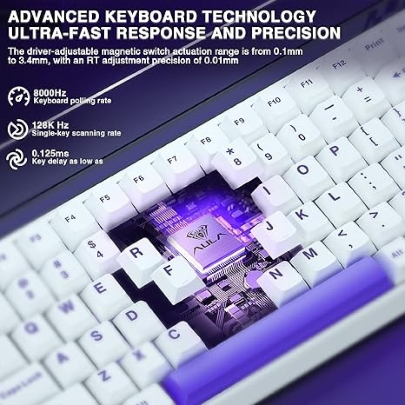 AULA Hero84 HE Hall Effect Magnetic Keyboard(Purple-White) – 8K Hz, Rapid Trigger, RGB Gaming Keyboard
