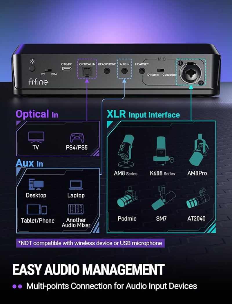 Fifine AmpliGame SC8 Gaming Audio Mixer — USB Audio Interface With 48V Phantom Power, RGB & 12 Sound Effects For Streaming In Nepal