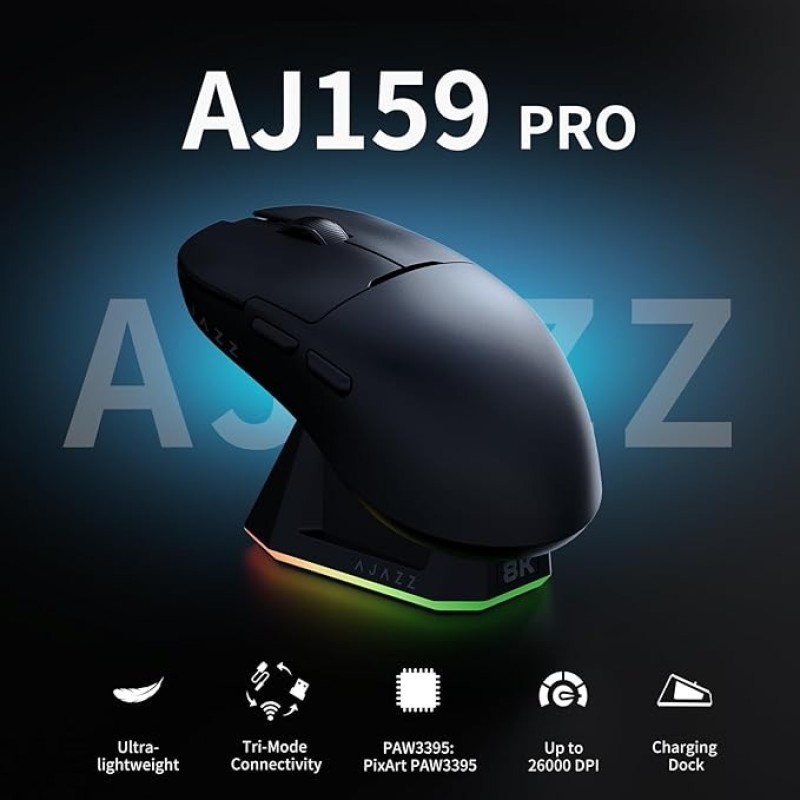 AJAZZ AJ159 PRO Tri-Mode Wireless Gaming Mouse – Bluetooth/2.4G/USB-C, PAW3395 Sensor, Ultra Lightweight, RGB Charging Dock