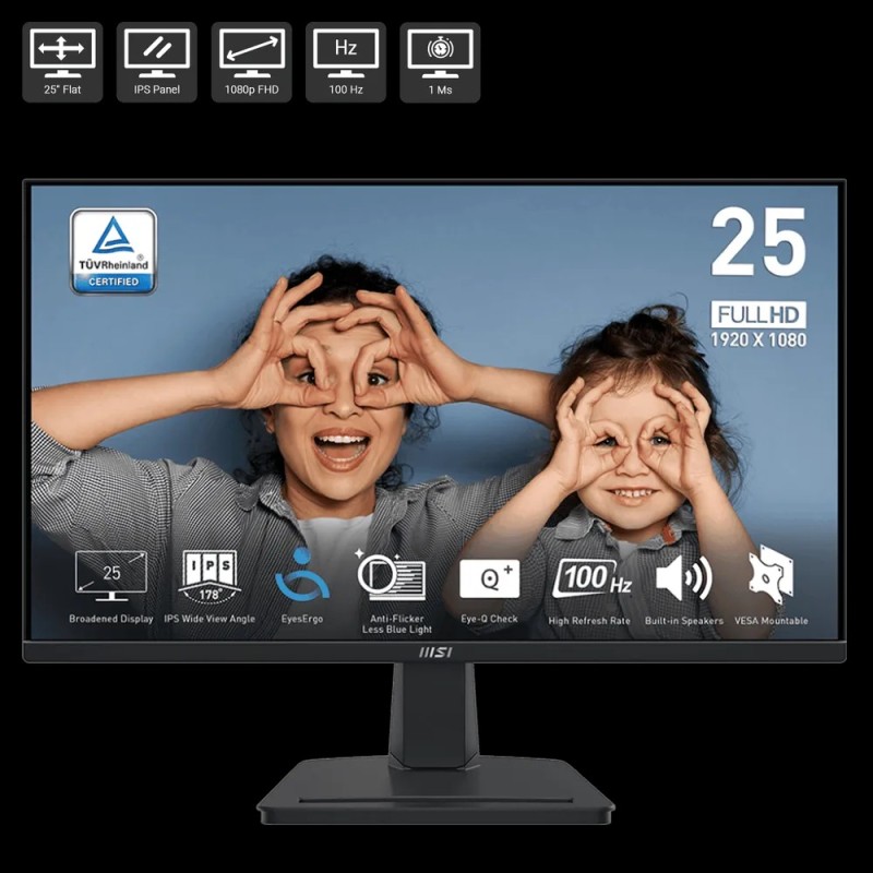 MSI Pro MP251 Computer Monitor, 24.5", 1920 X 1080 (FHD), IPS, 100Hz, VESA Mountable, Speaker, TUV Certified Eyesight Protection, Anti-Glare Display, Less Blue Light,1ms, HDMI, VGA, Tilt, Black