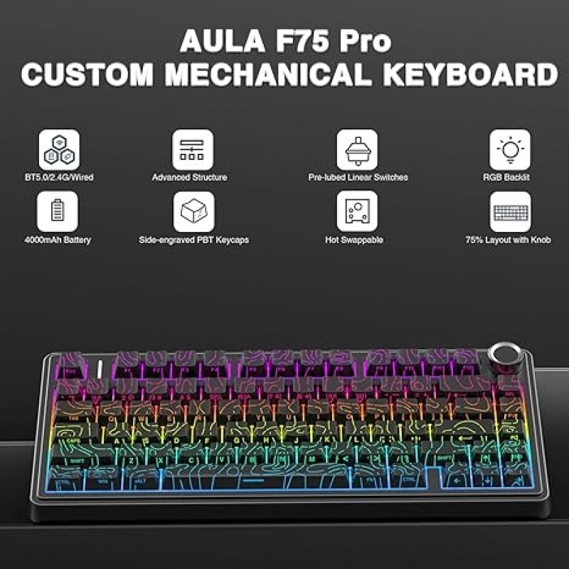 AULA F75 Seiya Switch Wireless Mechanical Keyboard – RGB, Hot-Swappable, 75% Compact Layout