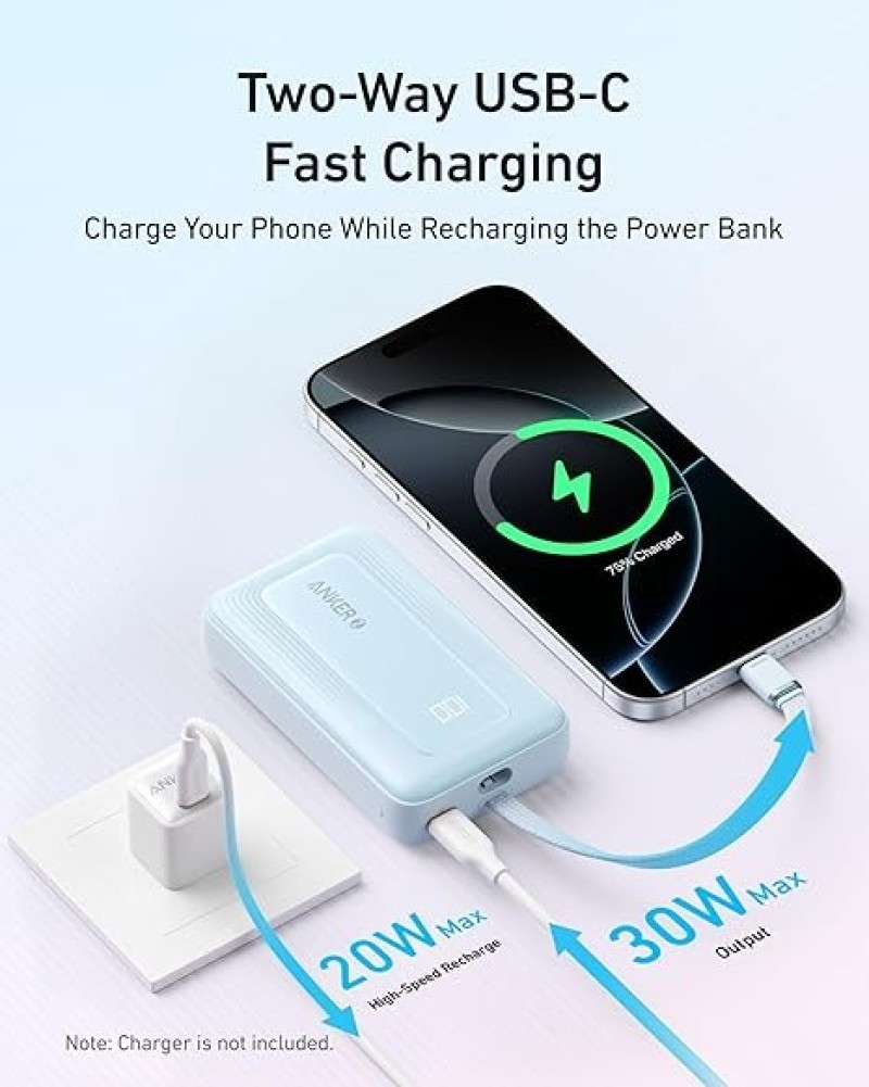 Anker Portable Charger, 10,000mAh 30W Power Bank, USB-C In And Out Fast Charging Battery Pack