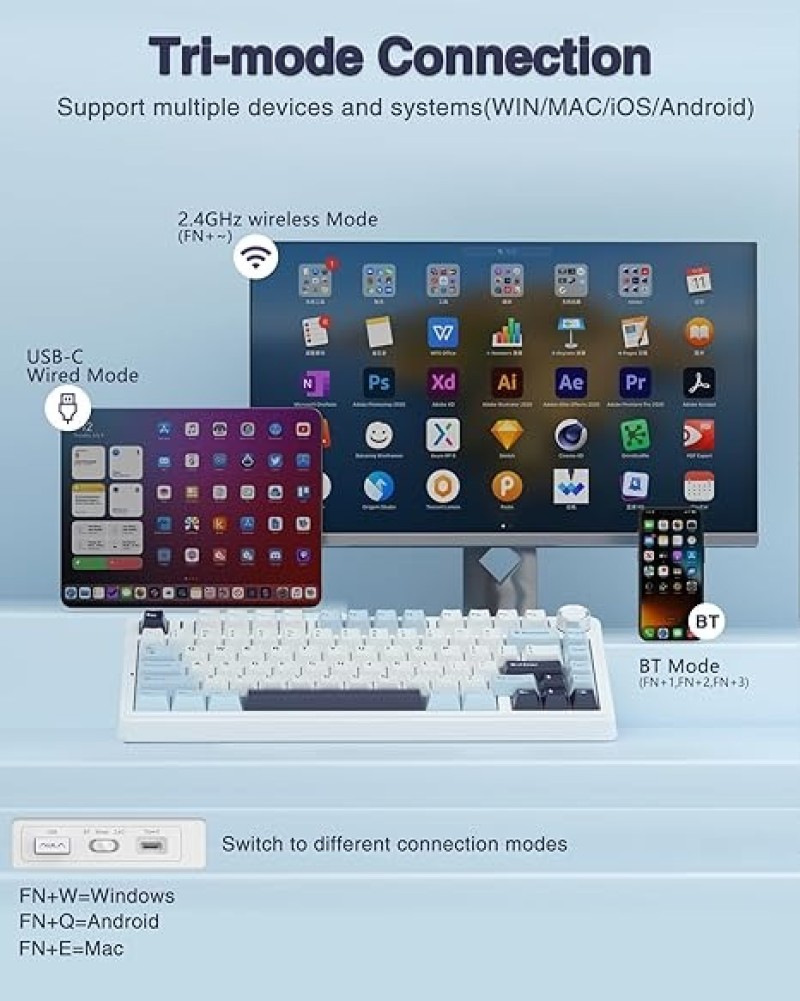 AULA F75 75% Hot Swappable Wireless Mechanical Keyboard – Glacier Blue (Ice Vein Linear Switch)