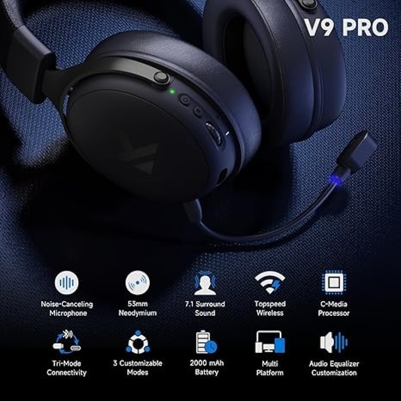 MCHOSE V9 PRO Wireless Gaming Headset – 7.1 Surround Sound, 15ms Low Latency, 250-Hour Battery, Noise-Canceling Mic