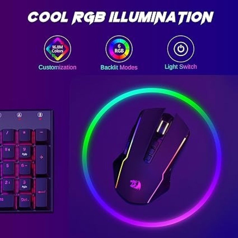 Redragon M914 Wireless Gaming Mouse, Tri-Mode 2.4G/USB-C/Bluetooth Mouse Gaming, 10000 DPI, RGB Backlit, Fully Programmable, Rechargeable Wireless Computer Mouse For Laptop PC Mac, Black