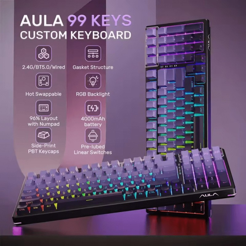 AULA F98 Pro Transparent Wireless Mechanical Keyboard – 95% Layout, Tri-Mode, Hot-Swappable, Gasket Mount, OLED Display, RGB Gaming Keyboard