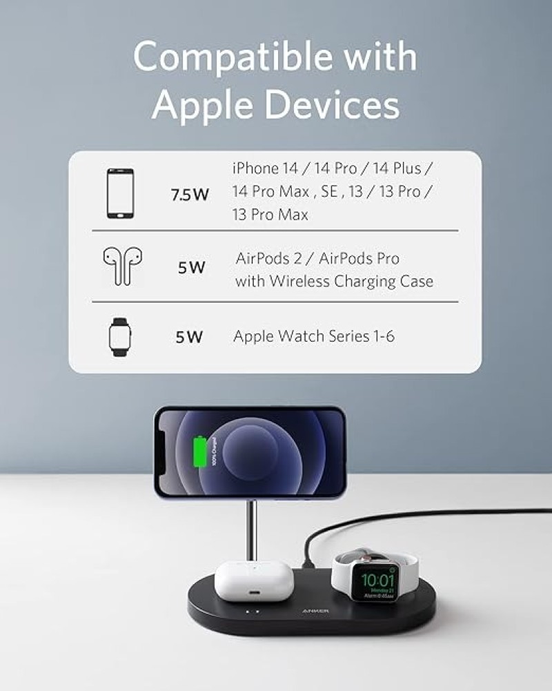 Anker Wireless Charging Station & 20W Charger, 533 Magnetic Wireless Charger (3-in-1 Stand)
