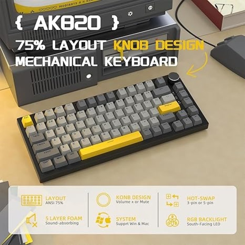 AJAZZ AK820 Moon Switch Wired Mechanical Keyboard – Aluminum Build, Hot-Swappable, Per-Key RGB, NKRO, Media Controls, Detachable USB-C