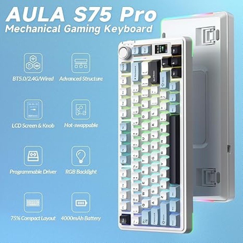 AULA S75 Pro Wireless Mechanical Keyboard – Star Vector Switch, 75% Layout, Tri-Mode BT/2.4G/USB-C, Gasket Mount, Hot-Swappable RGB Keyboard