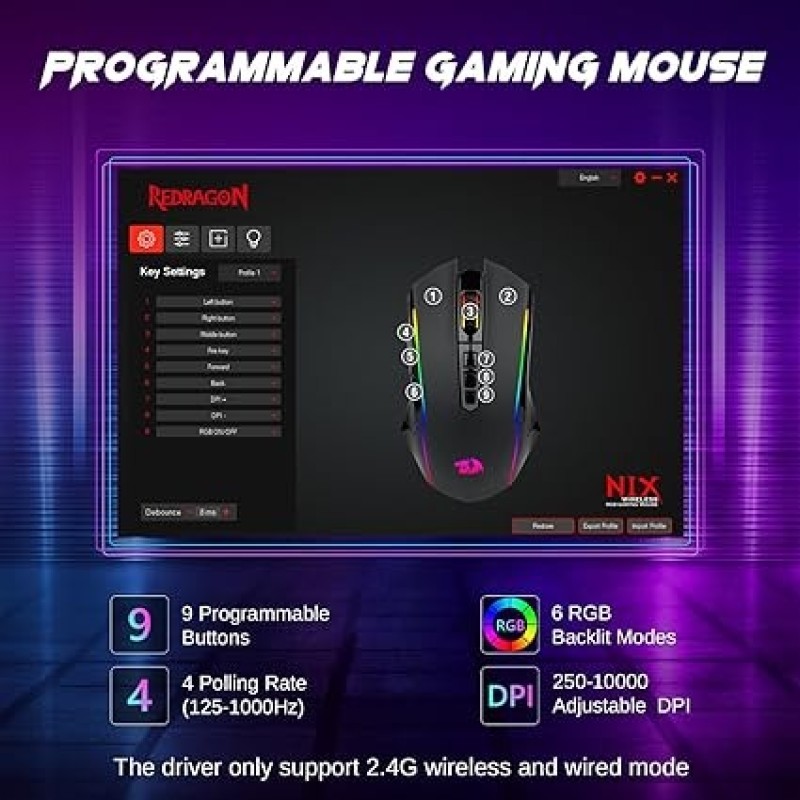 Redragon M914 Wireless Gaming Mouse, Tri-Mode 2.4G/USB-C/Bluetooth Mouse Gaming, 10000 DPI, RGB Backlit, Fully Programmable, Rechargeable Wireless Computer Mouse For Laptop PC Mac, Black