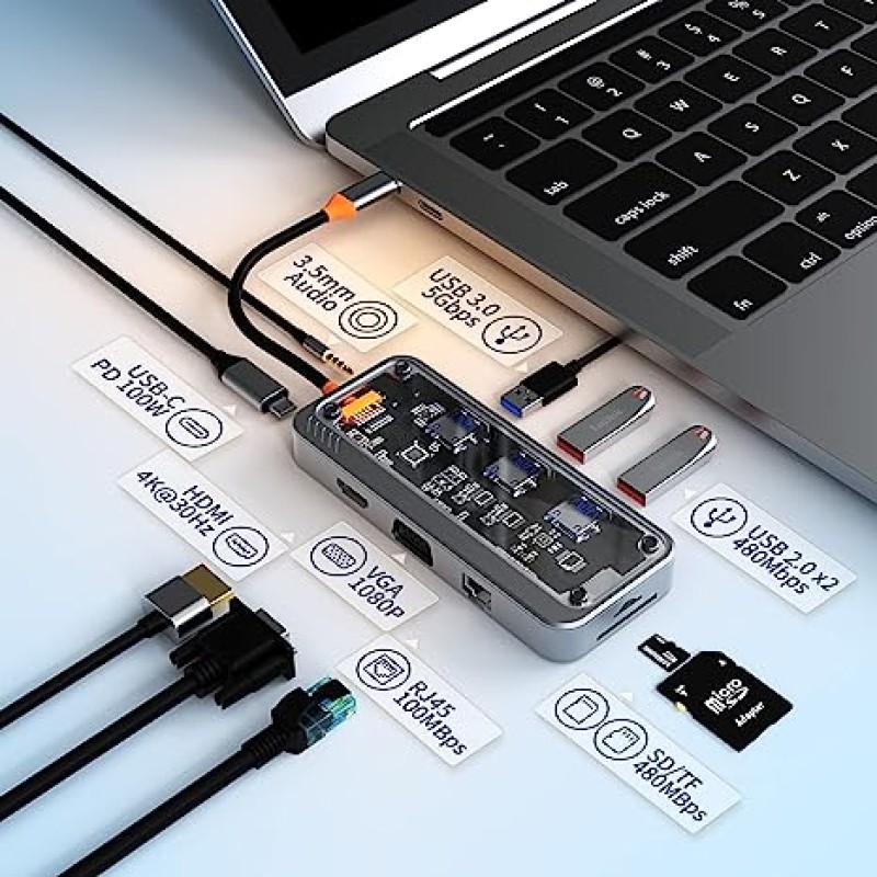 Transparent 10-In-1 USB-C Hub Docking Station