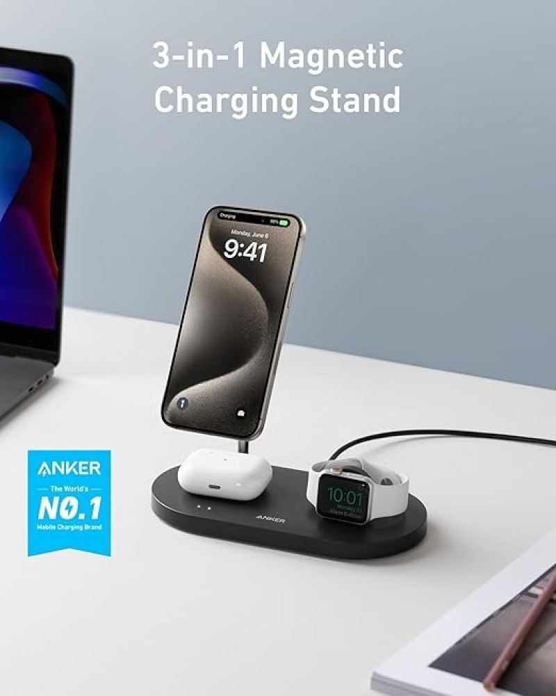 Anker Wireless Charging Station & 20W Charger, 533 Magnetic Wireless Charger (3-in-1 Stand)