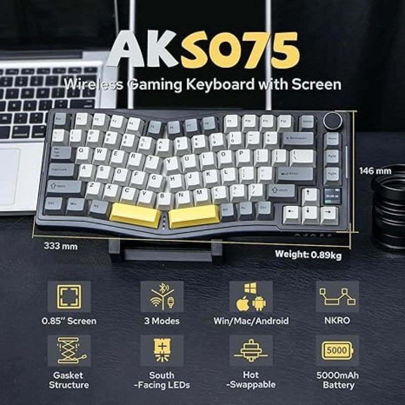 AJAZZ AKS075 Wireless Mechanical Gaming Keyboard – 75% Alice Layout, Hot-Swappable Gasket, 0.85” TFT Screen, BT 5.1 / 2.4GHz / USB-C, Flying Fish Switches, 5000mAh