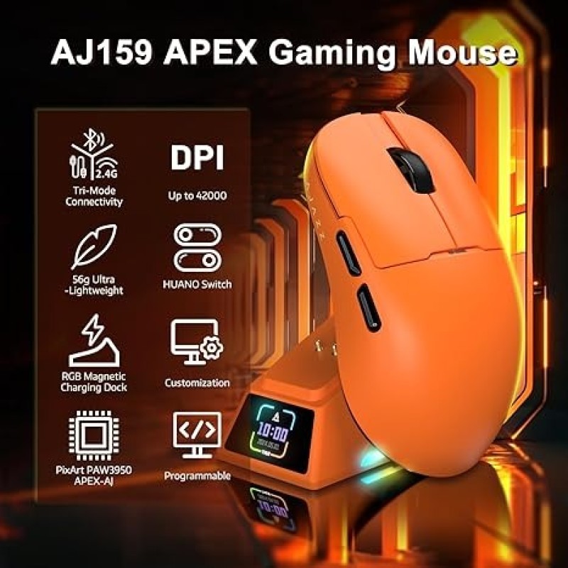 AJAZZ AJ159 APEX Wireless Gaming Mouse With Magnetic Charging Base, 42K DPI, 8K Polling Rate, And Programmable Buttons(orange)