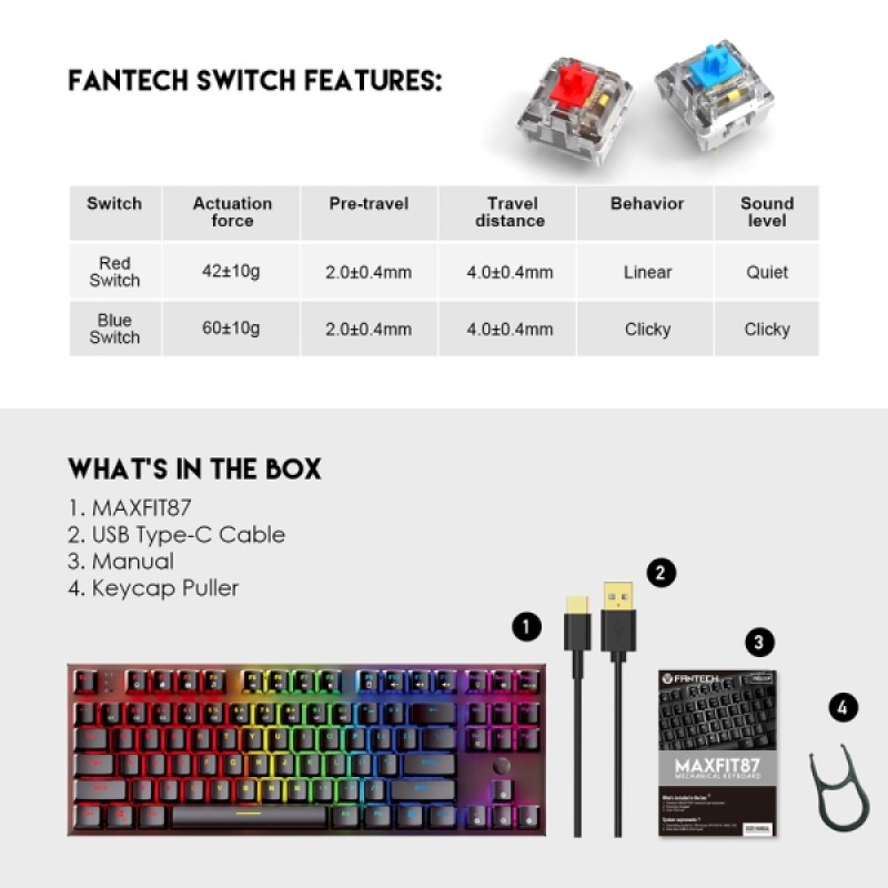 Fantech MK856 Maxfit87 RGB Mechanical Keyboard - Blue Switch/Red Switch