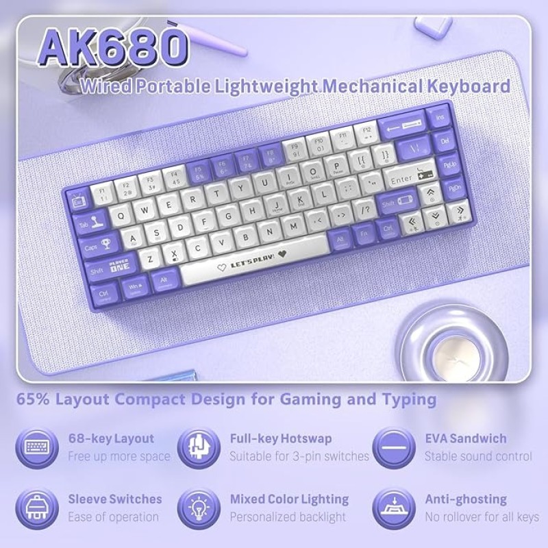 Ajazz AK680 65% Wired Hotswap Mechanical Gaming Keyboard, 68 Keys Portable Anti-Ghosting, Rainbow Lighting Programmable, EVA Sandwich, Ergonomic, Sleeve Brown Switch For MAC/Win Purple