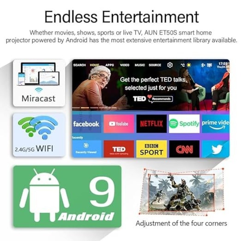AUN ET50S Android 9.0 Smart LED Full HD 1080p Projector For Home 4K 660 ANSI | 6900 Lumens WiFi Bluetooth Apps, Miracast DLNA/Airplay Support, HDMI USB Speaker And Remote Control Portable Projector For Home Cinema