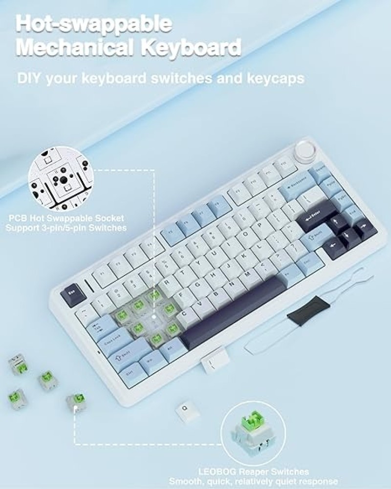 AULA F75 75% Hot Swappable Wireless Mechanical Keyboard – Glacier Blue (Ice Vein Linear Switch)