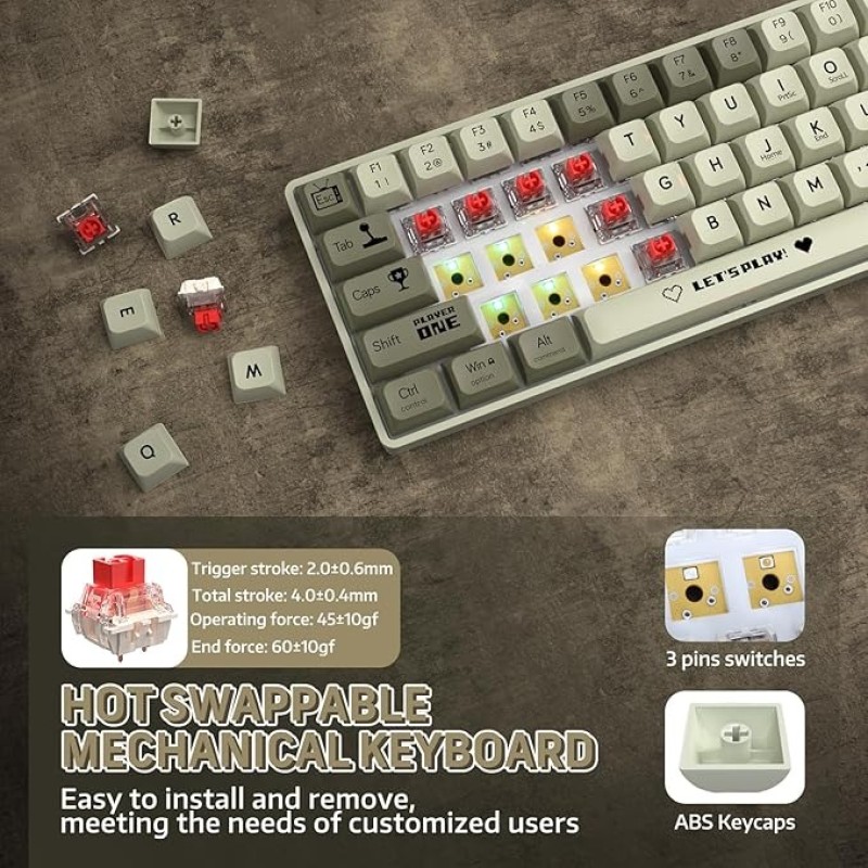 AK680 65% Wired Hotswap Mechanical Gaming Keyboard, 68 Keys Portable Anti-Ghosting, Rainbow Lighting Programmable, EVA Sandwich, Ergonomic, Sleeve Red Switch For MAC/Win Grey