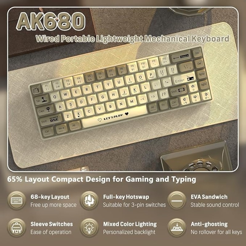 AK680 65% Wired Hotswap Mechanical Gaming Keyboard, 68 Keys Portable Anti-Ghosting, Rainbow Lighting Programmable, EVA Sandwich, Ergonomic, Sleeve Brown Switch For MAC/Win Grey