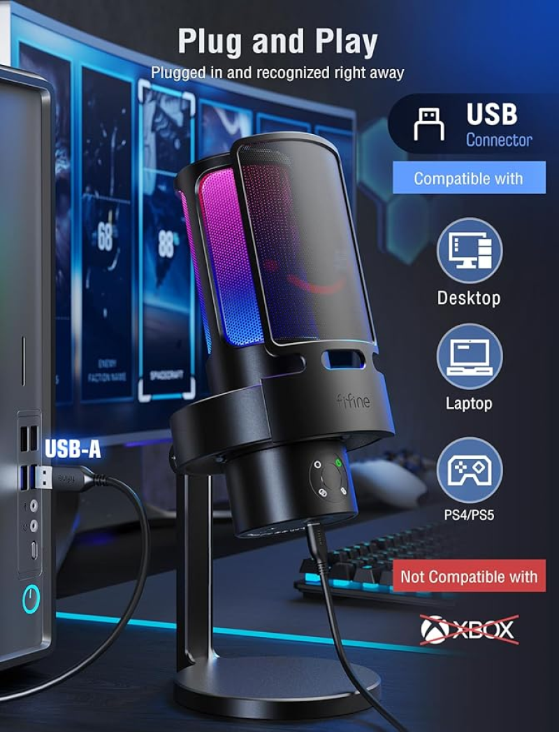 Fifine Ampligame A8 Plus USB Gaming Microphone — RGB Condenser Mic With 4 Polar Patterns For Streaming, Podcasting & Recording In Nepal