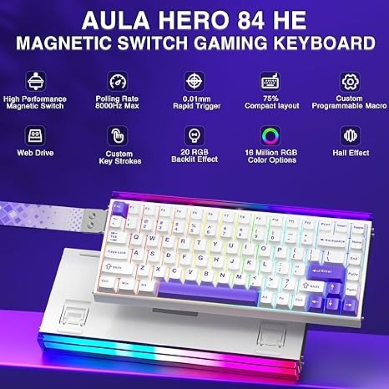 AULA Hero84 HE Hall Effect Magnetic Keyboard(Purple-White) – 8K Hz, Rapid Trigger, RGB Gaming Keyboard