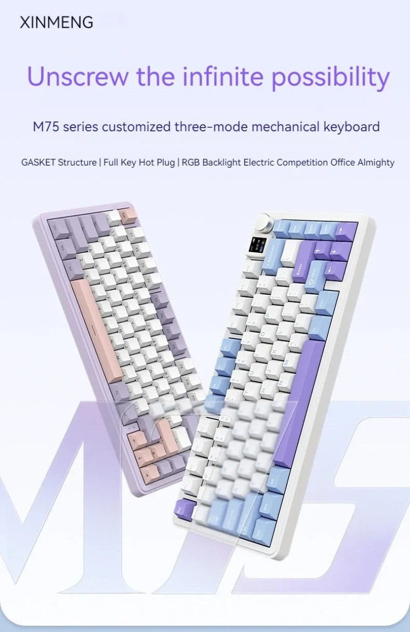 Xinmeng M75 Pro Custom Wireless Mechanical Keyboard 3-mode Bluetooth HIFI Gasket Hot Swap TFT Screen RGB NKRO Gamer Gift