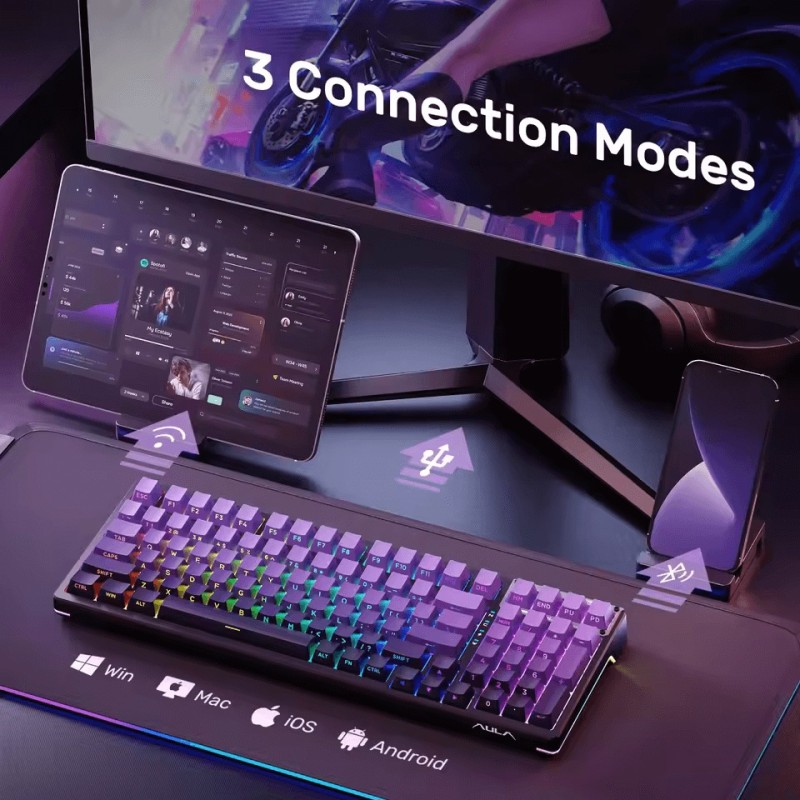 AULA F98 Pro Transparent Wireless Mechanical Keyboard – 95% Layout, Tri-Mode, Hot-Swappable, Gasket Mount, OLED Display, RGB Gaming Keyboard
