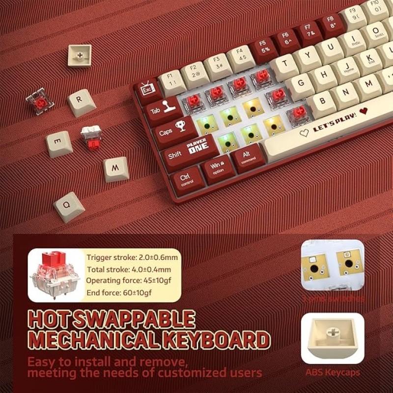 AK680 65% Wired Hotswap Mechanical Gaming Keyboard, 68 Keys Portable Anti-Ghosting, Rainbow Lighting Programmable, EVA Sandwich, Ergonomic, Sleeve Red Switch For MAC/Win Red
