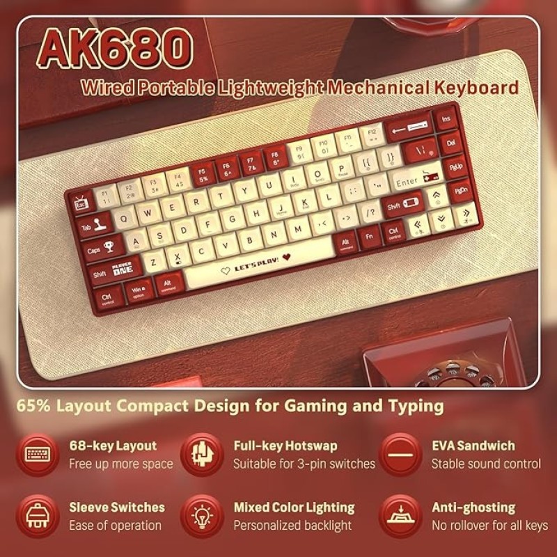 AK680 65% Wired Hotswap Mechanical Gaming Keyboard, 68 Keys Portable Anti-Ghosting, Rainbow Lighting Programmable, EVA Sandwich, Ergonomic, Sleeve Red Switch For MAC/Win Red