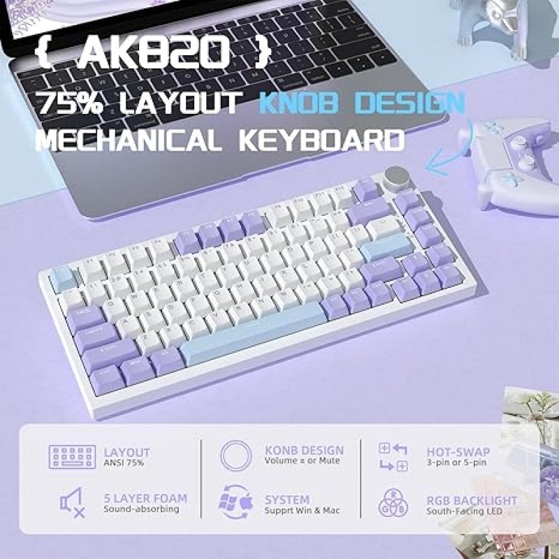 AJAZZ AK820 Sea Salt Switch Wired Mechanical Keyboard – Hot-Swappable PCB, Aluminum Build, Per-Key RGB, N-Key Rollover, Detachable USB-C, Media Controls