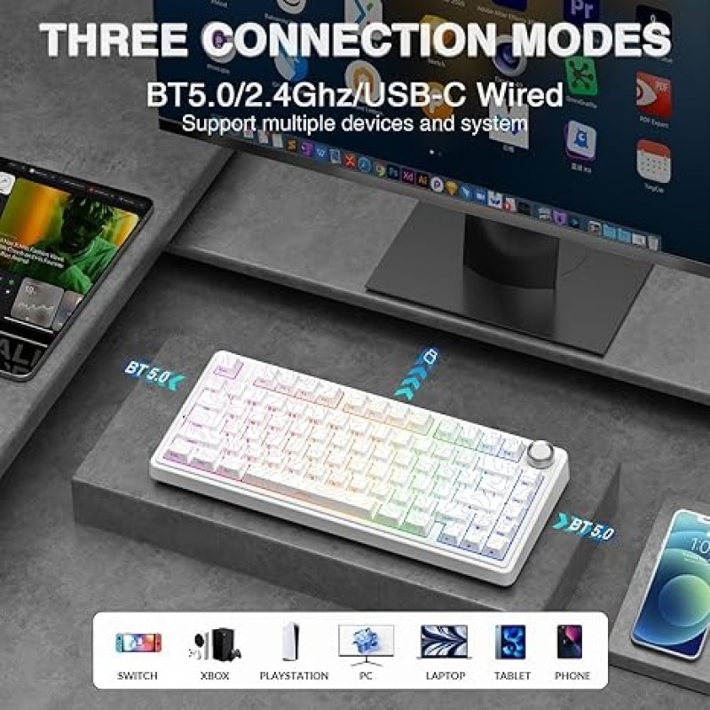 AULA F75 White Contour Seiya Switch Wireless Mechanical Keyboard – RGB & Hot-Swappable