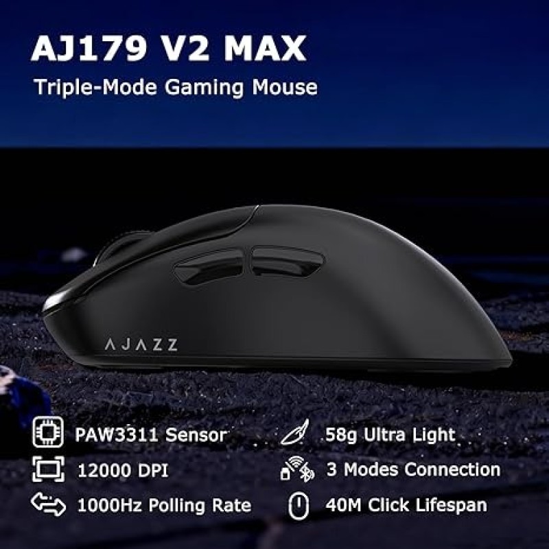 AJAZZ AJ179 V2 Tri-Mode Wireless Gaming Mouse (Black) – 58g, PAW3311, 12K DPI