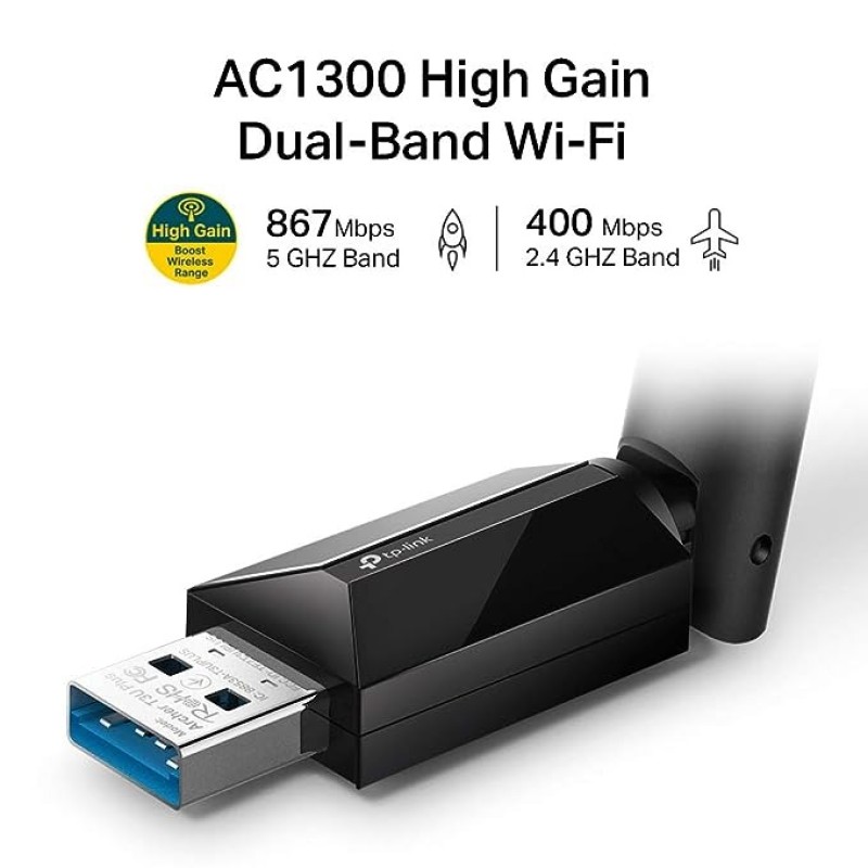 TP-LINK AC1300 Archer T3U Plus High Gain USB 3.0 Wi-Fi Dongle, Wireless Dual Band MU-MIMO WiFi Adapter With High Gain Antenna, Supports Windows 11/10/8.1/8/7/XP/MacOS