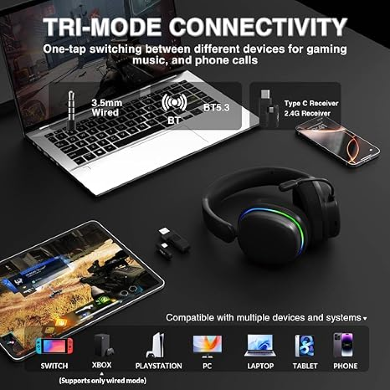 Aula G7 Pro Wireless Gaming Headset Tri-Mode 2.4GHz Bluetooth RGB Detachable Mic