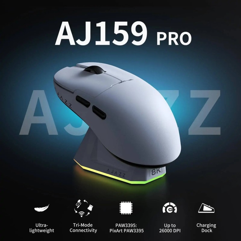 AJAZZ AJ159 PRO Tri-Mode Wireless Gaming Mouse – Bluetooth/2.4G/USB-C, PAW3395 Sensor, Ultra Lightweight, RGB Charging Dock