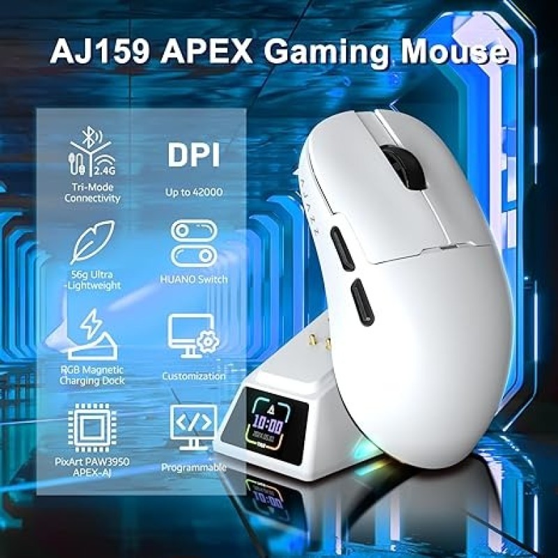 AJAZZ AJ159 APEX Wireless Gaming Mouse With Magnetic Charging Base, 42K DPI, 8K Polling Rate, And Programmable Buttons(white)