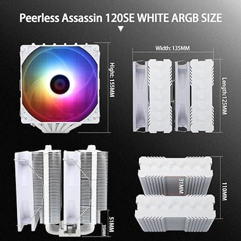 Thermalright Peerless Assassin 120 SE ARGB White CPU Air Cooler, 6 Heat Pipes Cooler, Dual 120mm C12CW-S PWM Fan, Aluminium Heatsink Cover, AGHP Technology, For AMD AM4 AM5/Intel 1700/1150/1151/1200