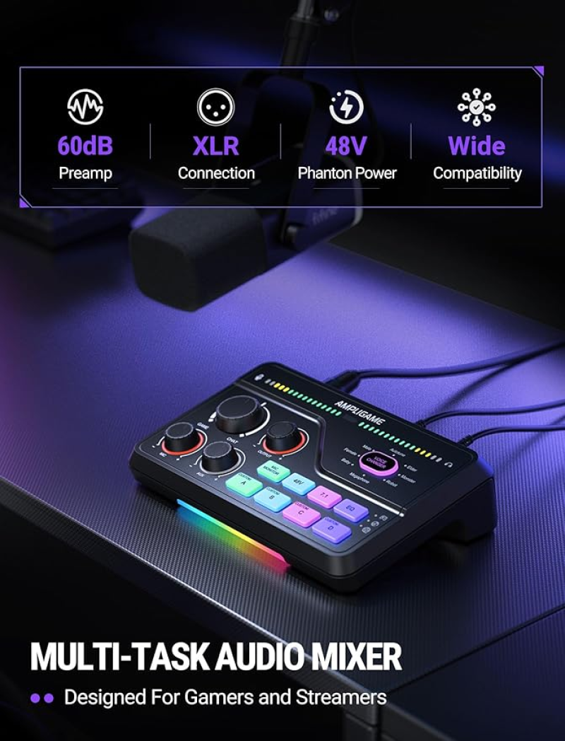 Fifine AmpliGame SC8 Gaming Audio Mixer — USB Audio Interface With 48V Phantom Power, RGB & 12 Sound Effects For Streaming In Nepal