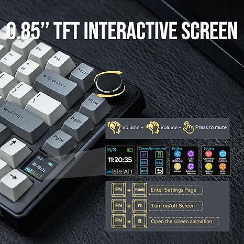 AJAZZ AKS075 Wireless Mechanical Gaming Keyboard – 75% Alice Layout, Hot-Swappable Gasket, 0.85” TFT Screen, BT 5.1 / 2.4GHz / USB-C, Flying Fish Switches, 5000mAh