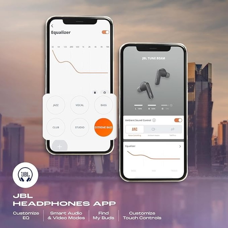 JBL Tune Beam In Ear Wireless TWS Earbuds With Mic, ANC Earbuds, Customized Extra Bass With Headphones App, 48 Hrs Battery, Quick Charge, 4-Mics, IP54, Ambient Aware & Talk-Thru, Bluetooth 5.3