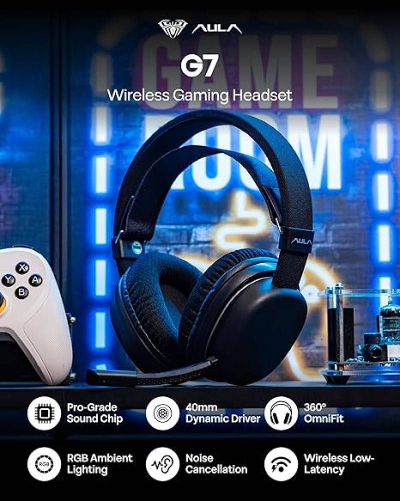 Aula G7 Wireless Gaming Headset With Detachable Mic, RGB, 2.4GHz, Bluetooth & Wired Mode