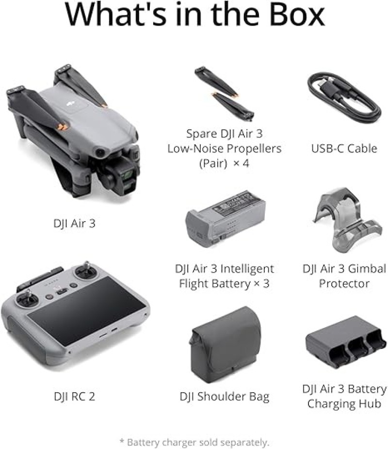 DJI Air 3 Fly More Combo With DJI RC 2, Drone With Camera 4K, Dual Primary Cameras, 3 Batteries For Extended Flight Time, 48MP Photo, 20Km Max Video Transmission, FAA Remote ID Compliant
