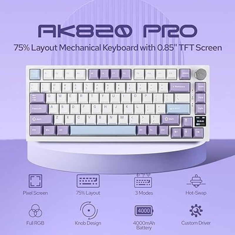 EPOMAKER Ajazz AK820 Pro 75% Mechanical Keyboard, Gasket-Mounted Gaming Keyboard With TFT Smart Display&Knob, Bluetooth 5.1/2.4G Wireless/Type-C Wired Custom Keyboard (Purple, Flying Fish Switch)