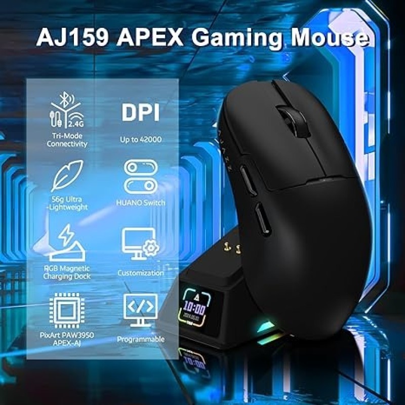 AJAZZ AJ159 APEX Wireless Gaming Mouse With Magnetic Charging Base, 42K DPI, 8K Polling Rate, And Programmable Buttons(black)