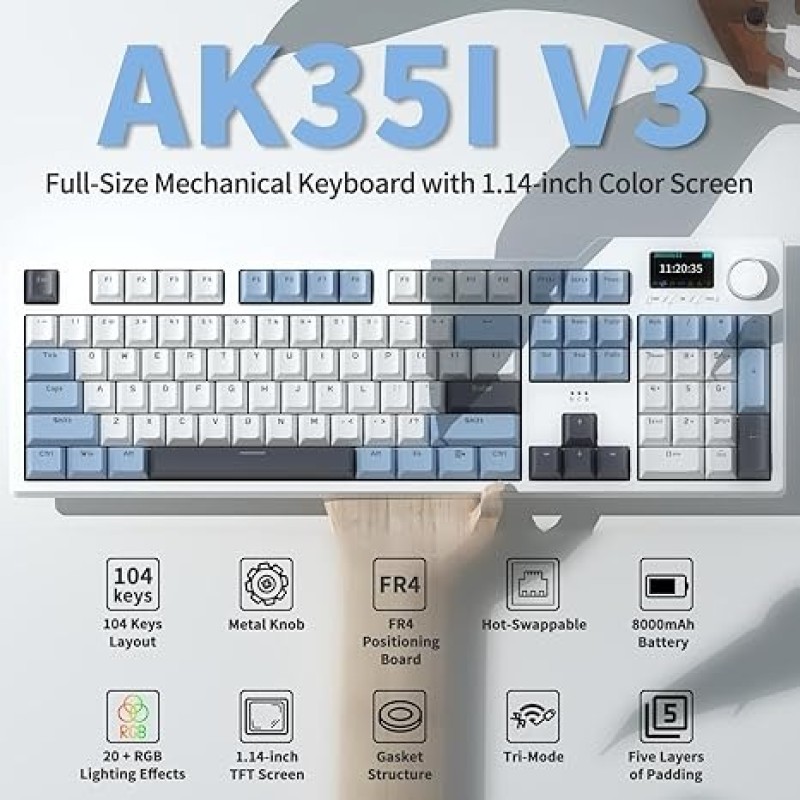 AJAZZ AK35I V3 Full Size Hot-Swappable Mechanical Gaming Keyboard – 104 Keys, RGB, TFT Display & Volume Knob, Bluetooth/2.4G/USB-C