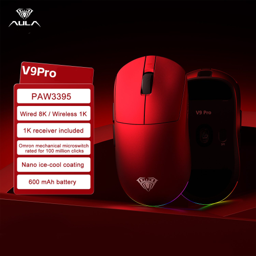 Aula V9 Tri-Mode Wireless Gaming Mouse 8K Polling PAW3395 RGB Lightweight