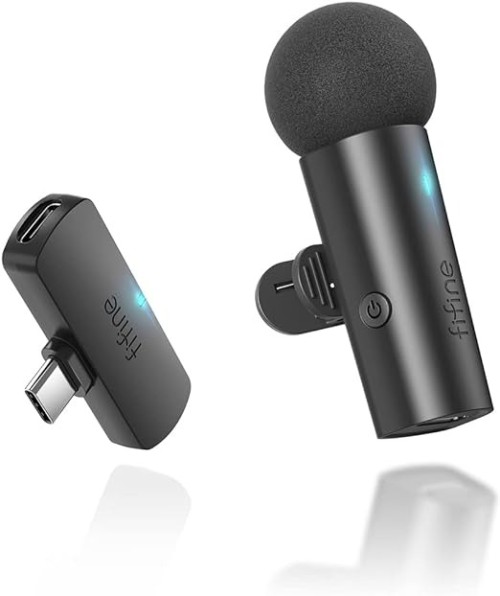 FIFINE M6 Wireless Lavalier Lapel Microphone System For Phones/Tablets, 2.4GHz Cordless Condenser Omnidirectional Clip-on Mic, USB C Receiver