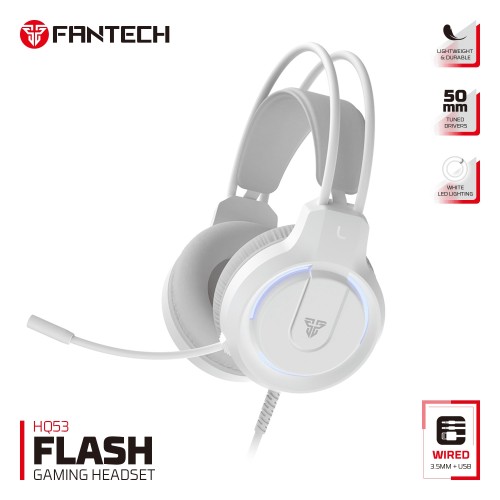Flash HQ53 Gaming Headset White – Wired USB & 3.5mm, Flexible Mic