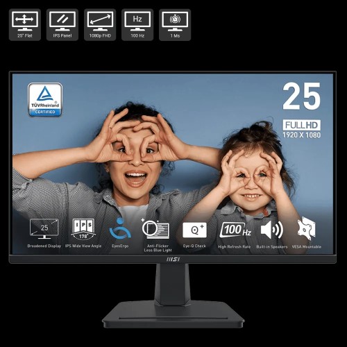 MSI Pro MP251 Computer Monitor, 24.5", 1920 X 1080 (FHD), IPS, 100Hz, VESA Mountable, Speaker, TUV Certified Eyesight Protection, Anti-Glare Display, Less Blue Light,1ms, HDMI, VGA, Tilt, Black